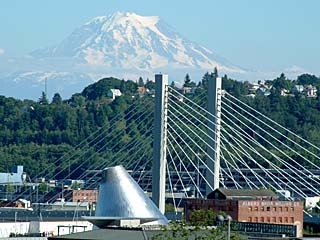 Mt. Rainier, a bridge, and the Glass Museum from Tacoma
