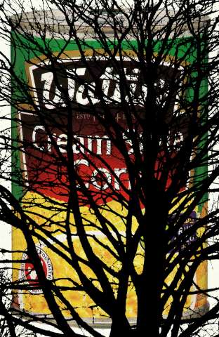 Cream corn can with tree